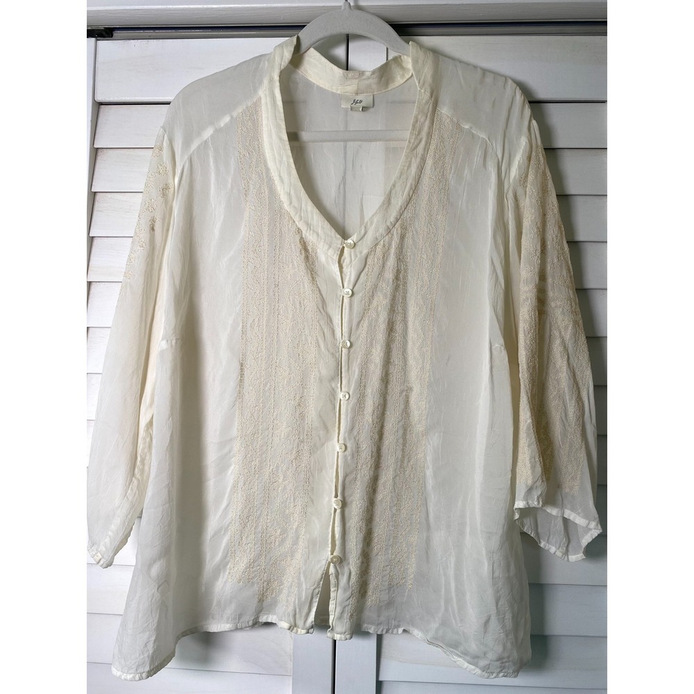 J. Jill Cream V-Neck Blouse Button Down Boho Embroidered Sheer Feminine | 2X